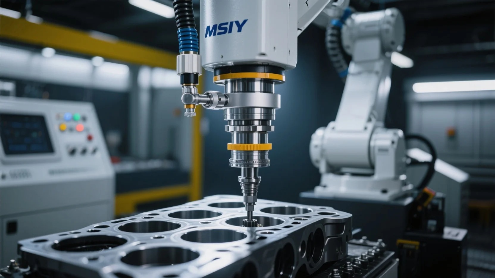 Car cylinder head deburring, mechanical arm equipped with MSIY tool changing floating spindle